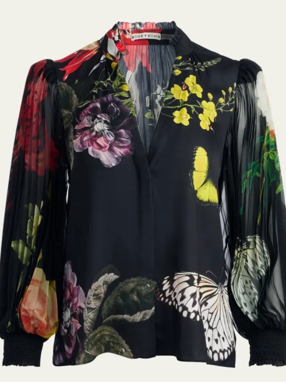 Alice + Olivia Black Floral & Butterfly V-Neck Long-Sleeve Blouse